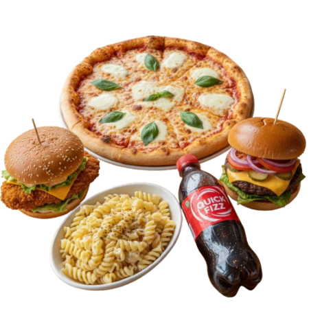 Deal 5 , 1 Large Pizza + Zinger + Patty Burger + Small Pasta + Drink 1.5 Ltr